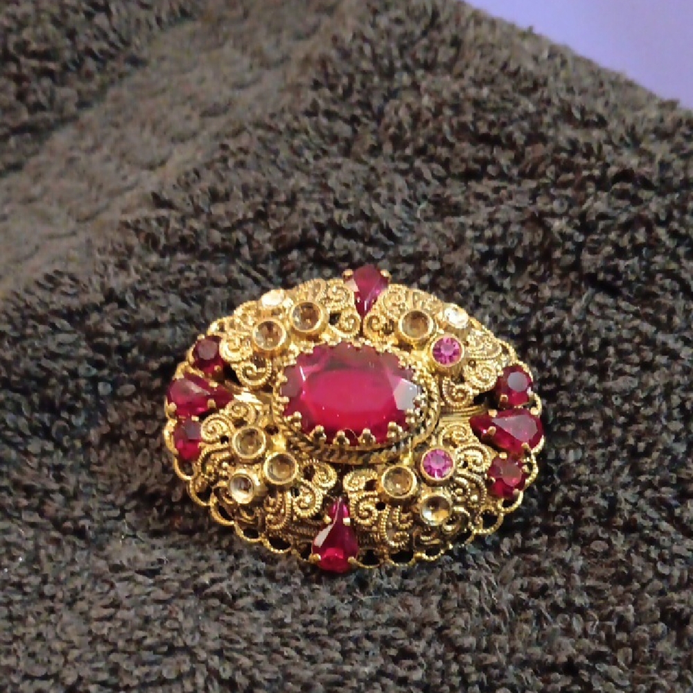 Gold-Tone Brooch with Rich Ruby Red Stones